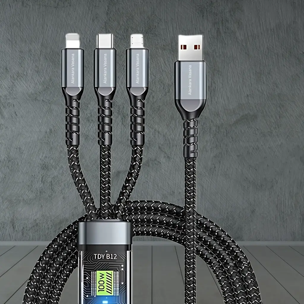 3-in-1 Silicon Fast Charging Cable – 100W, 1.2m, Black