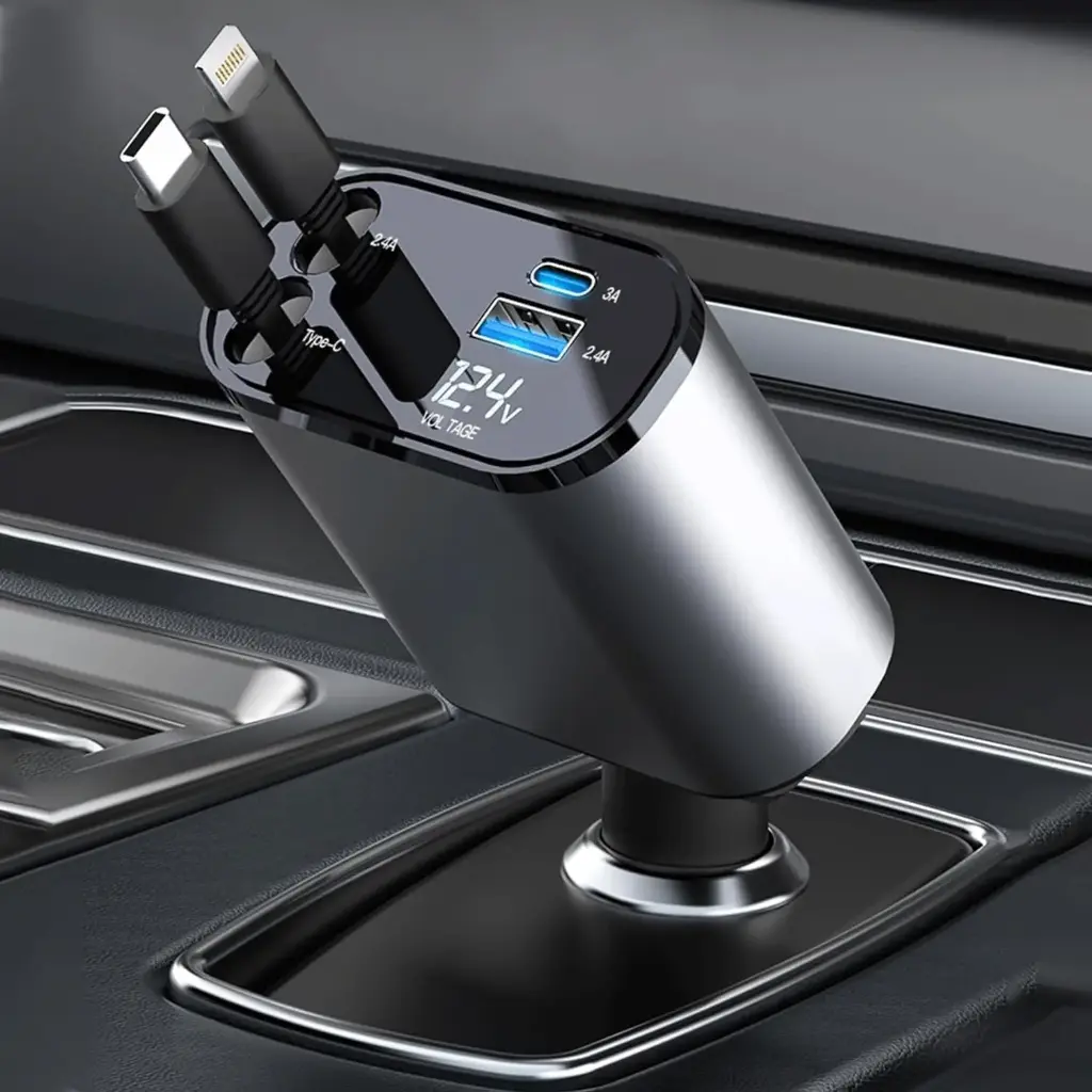120W 4-in-1 Car Charger – Retractable Cables & USB Ports